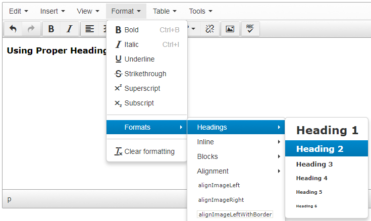 Screen shot of how to select headings in the TerminalFour Text Editor