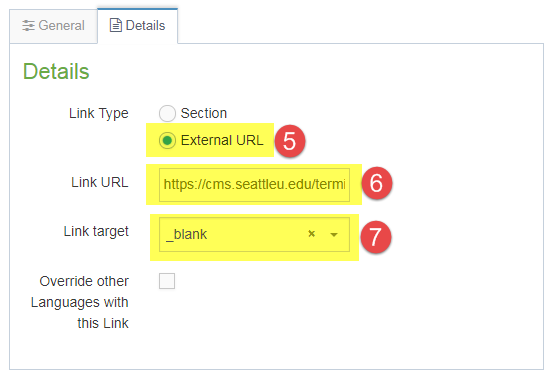 Screenshot of steps 5, 6, and 7 of how to create a hidden link section