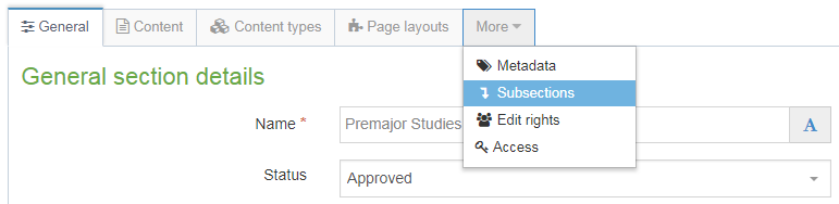 Screenshot of how to access the subsections menu (from the More tab)