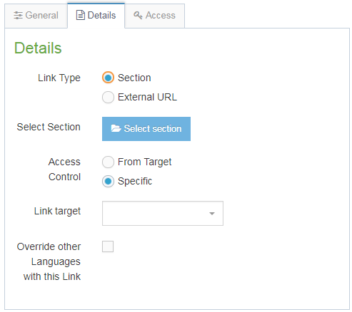 Screenshot of how to add a section link to a navigation menu
