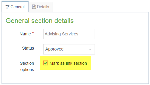 Screenshot of how to mark a new section as a link in navigation menu