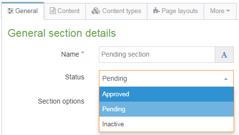 Screenshot of how to publish a section by changing the status to approved