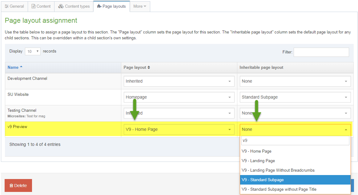 Screen shot of how to change your page layout settings to enable the v9 Preview