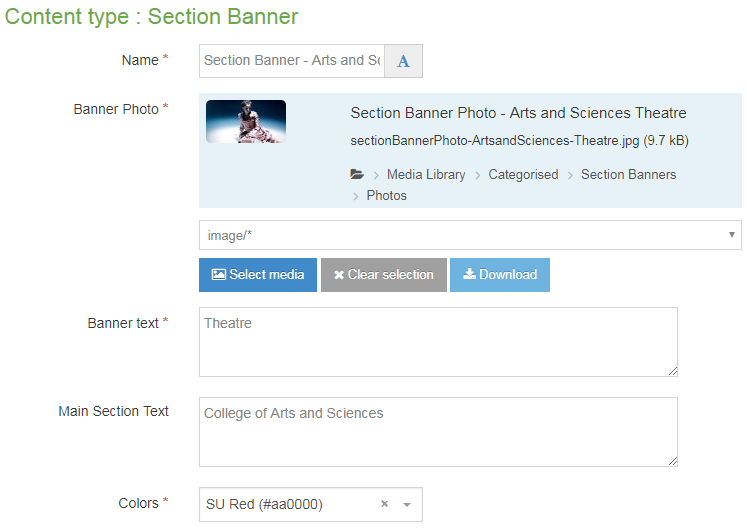 Screenshot of how to use the v9 Section Banner content type - Theatre