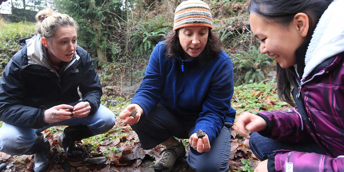Environmental Science Professor Lyn Gualtievis's field methods class in the woods on Mercer Island.