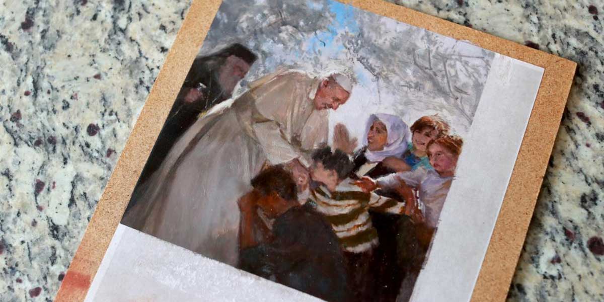 Picture of a painting in progress of Pope Francis entitled “Under His Mercy” by Paul Mullally
