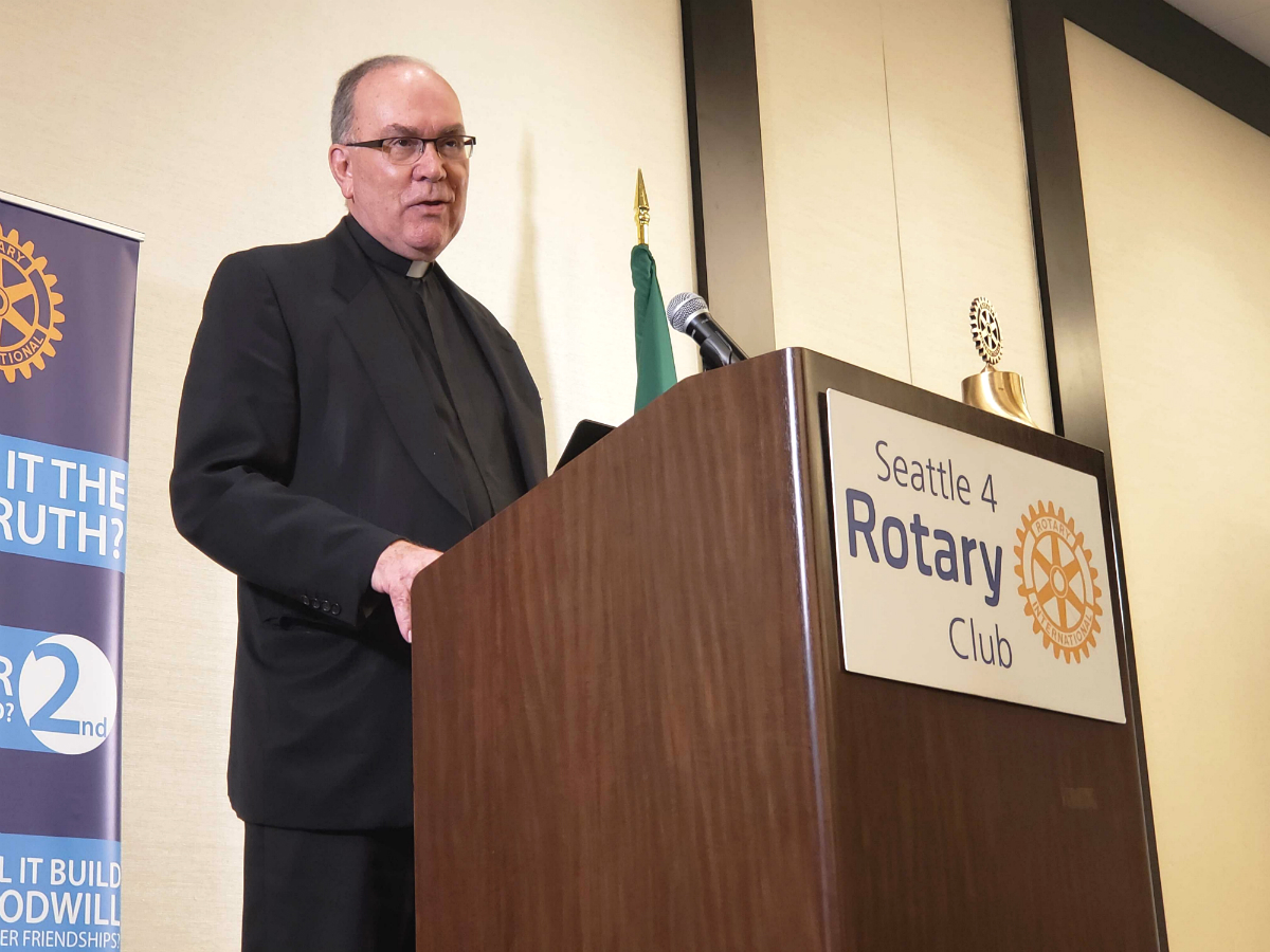 Seattle U President Stephen V. Sundborg, SJ, addressed the Seattle Rotary Club.