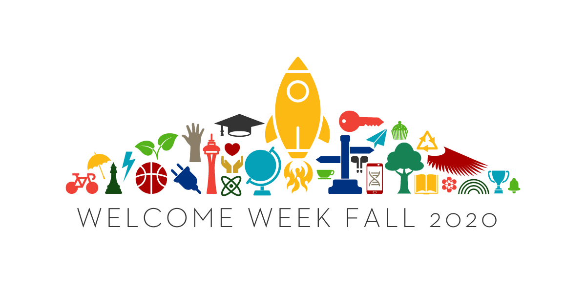 Graphic with a variety of small illustrations depicting college life and reads Welcome Week Fall 2020.