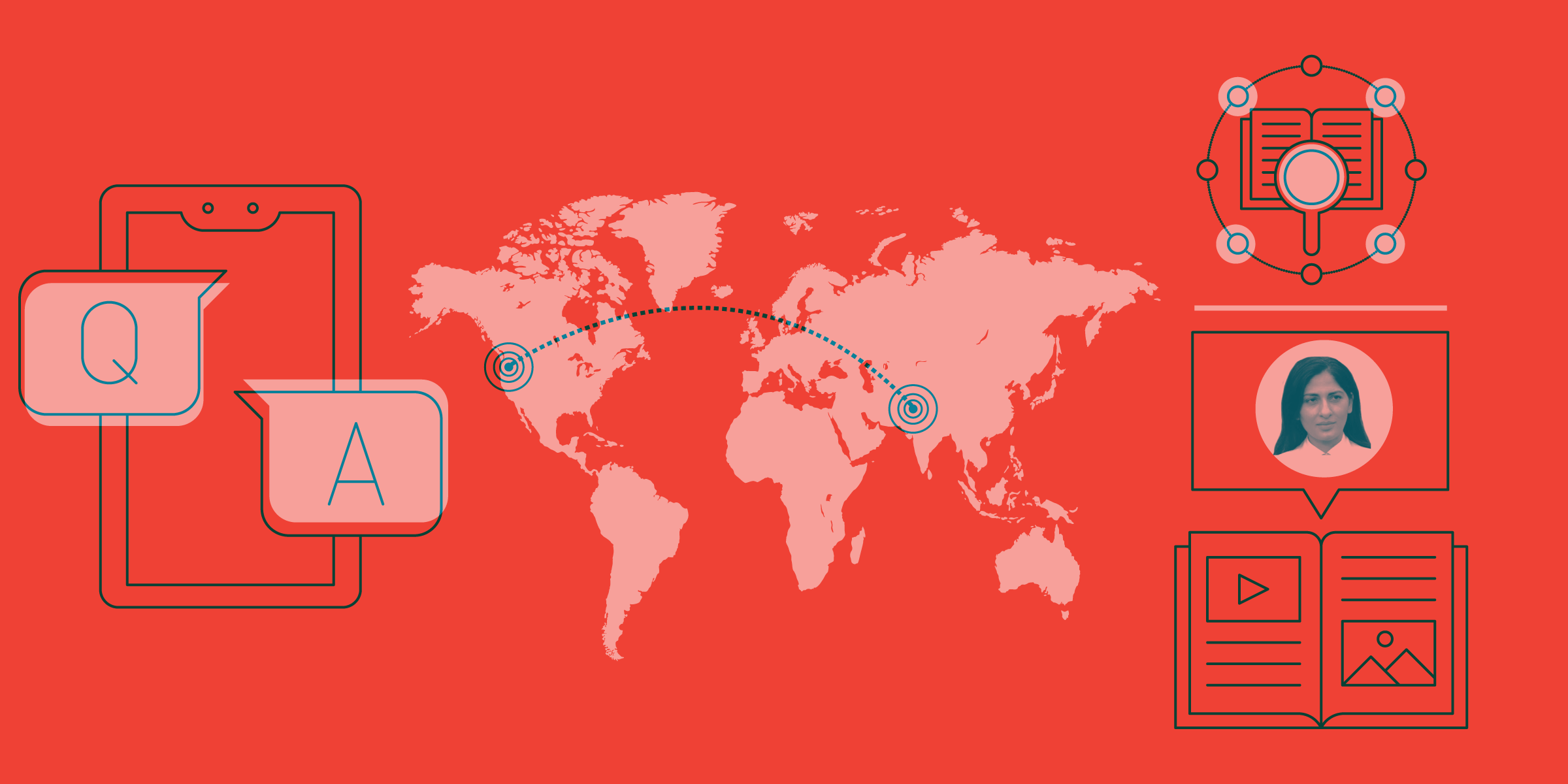 Illustration graphic depicting world map and technological devices