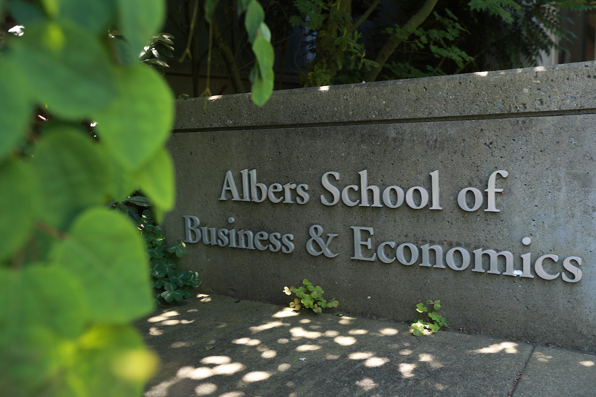 Photo of exterior area of Albers School of Business and Economics.