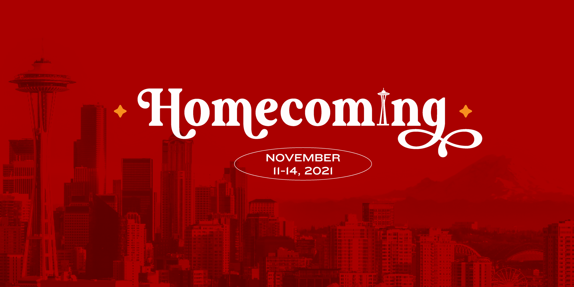 Image of Seattle skyline with a graphic above that reads Homecoming, Nov. 11-14, 2021.
