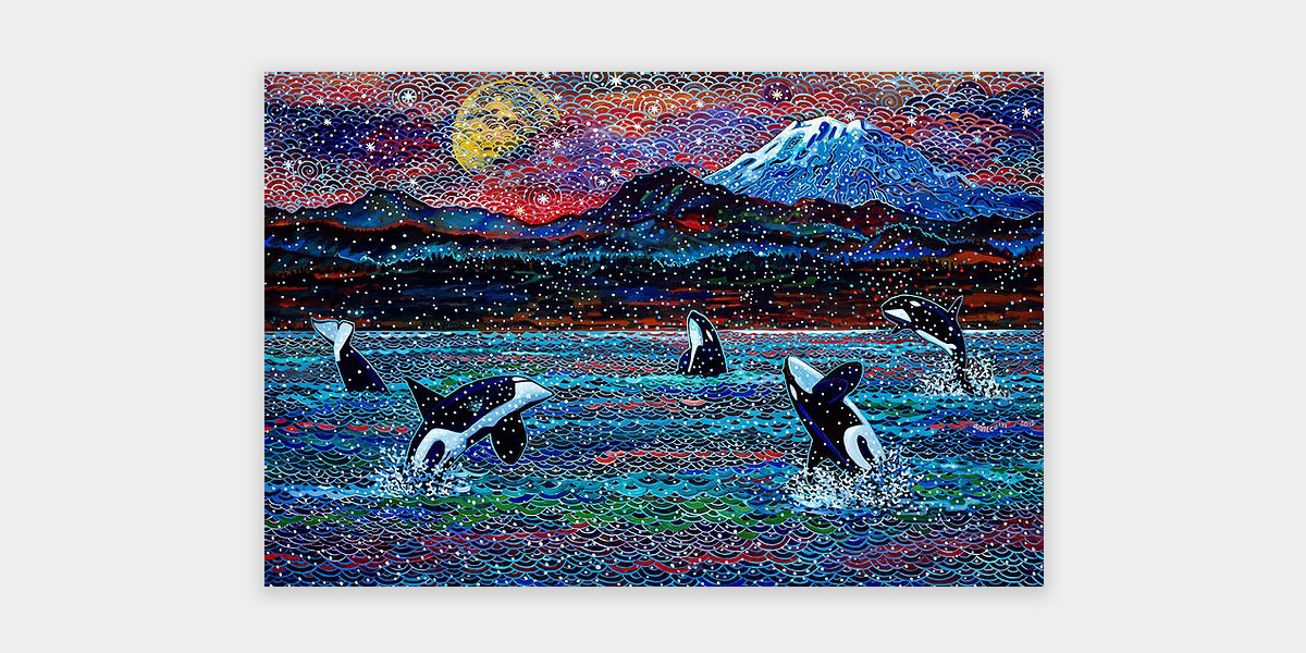 Image of painting which depicts four orca whales breaching and one diving in a body of water set against a mountain range, with the sun and Mt. Rainier in the distance.