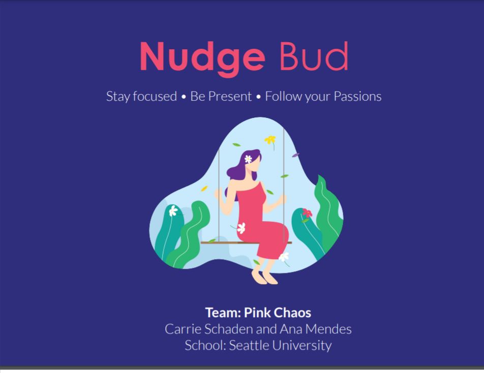 Cover of students' PDF presentation that reads "Nudge Bud. Stay Focused. Be Present. Follow your passions. Team: Pink Chaos.  and Carrie Schaden and Carolina De Souza Mendes." In the center is an illustration of a figure on a swing.