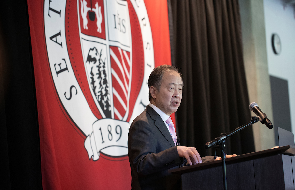 Photo of Japan ambassador speaking at podium. 