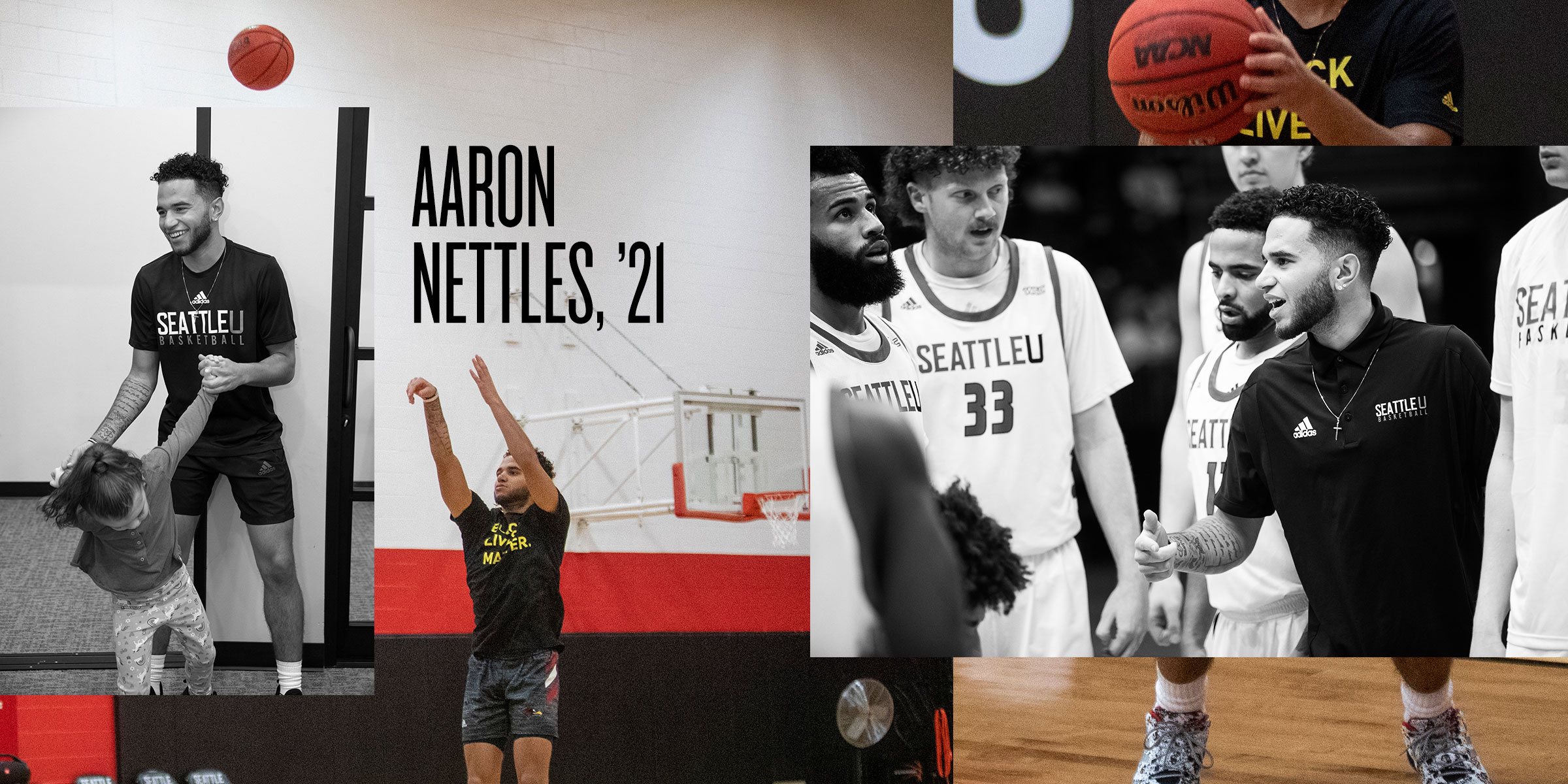 Collage of Aaron Nettles on the court.