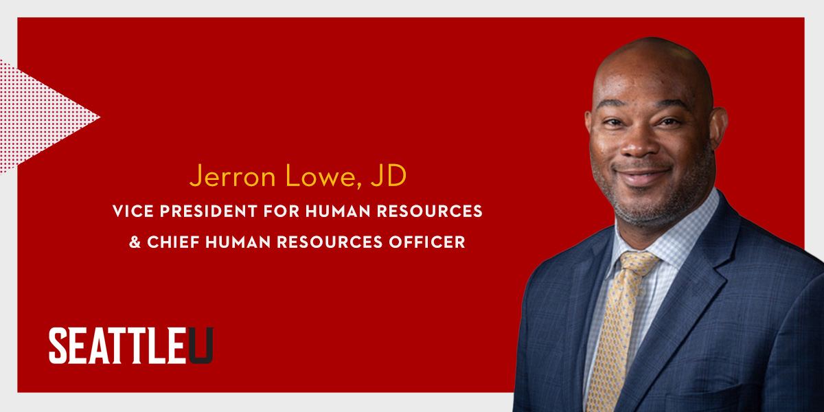 Headshot with text that reads: Jerron Low, JD, Vice President for Human Resources & Chief Human Resources Officer
