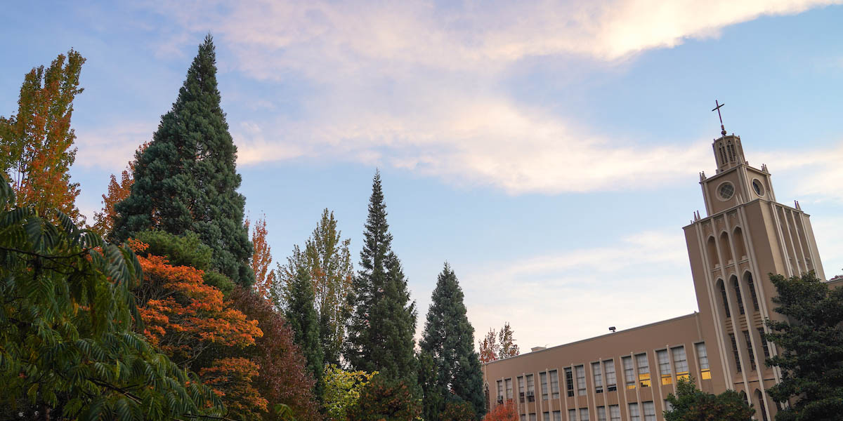 Campus tree line with SU Administration Building in the background.