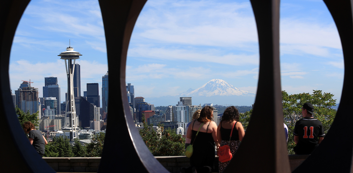 A view of the skyline of Seattle with the Space Needle in the background.