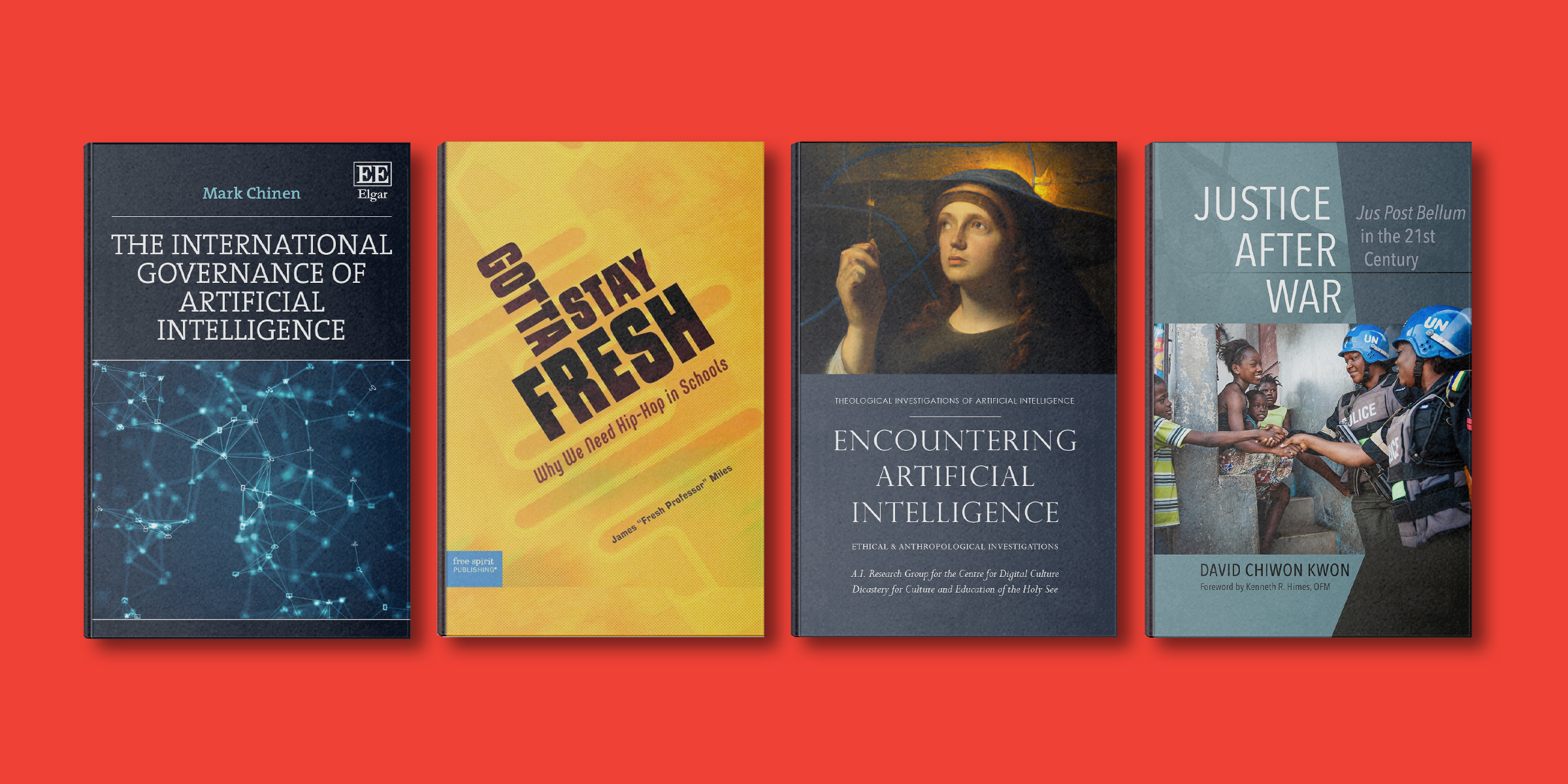 A graphic showcasing four featured faculty books. 