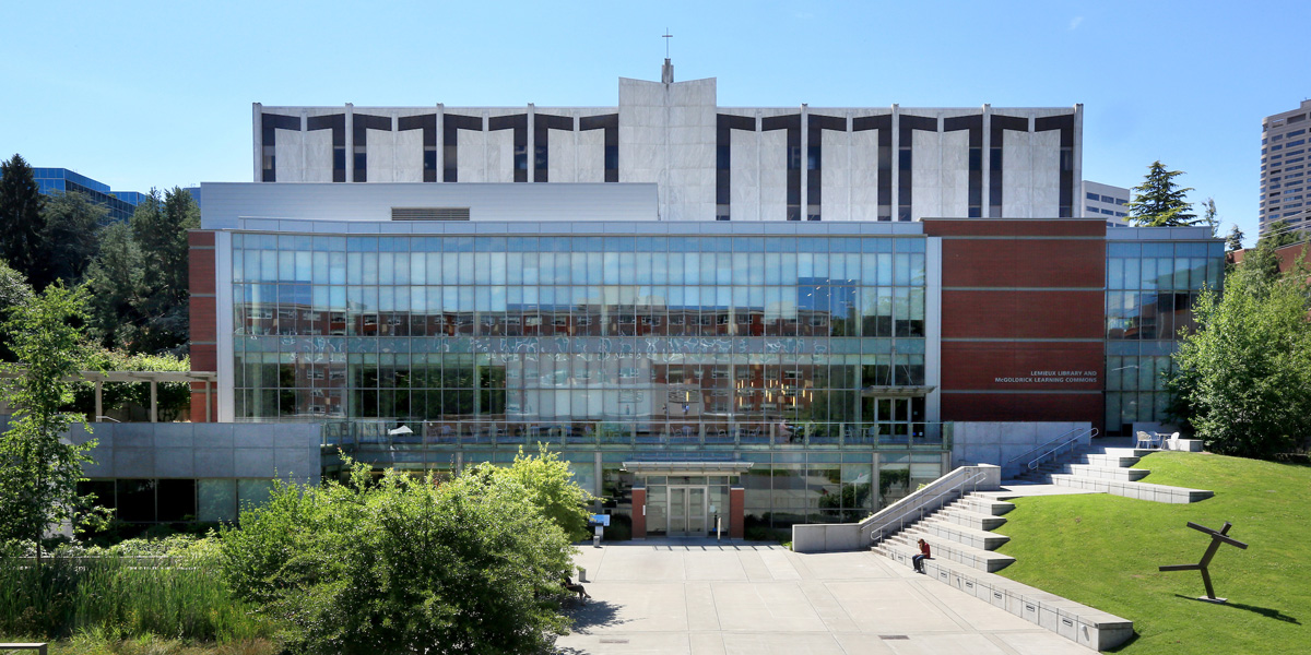 Exterior of Lemieux Library on a bright, sunny day