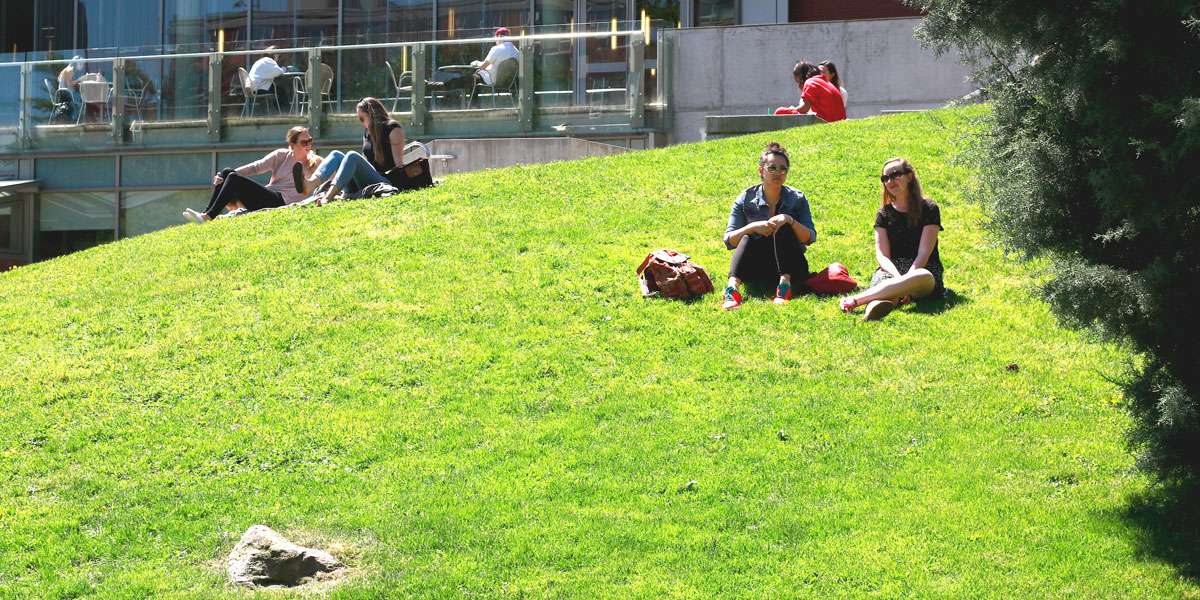 Students sitting and talking on the bright green grass outside Lemieux Library